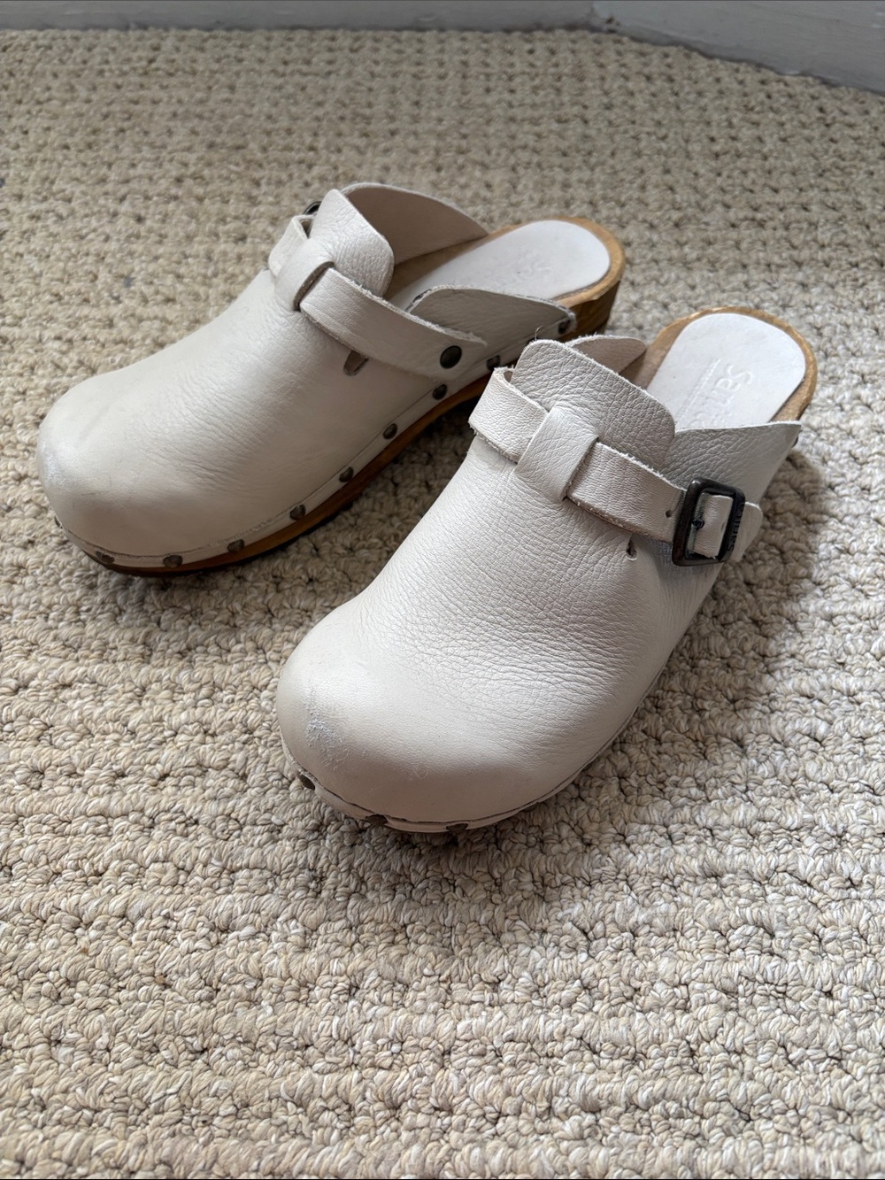 Sanita Danish Clogs Cream Wood Heel Buckle